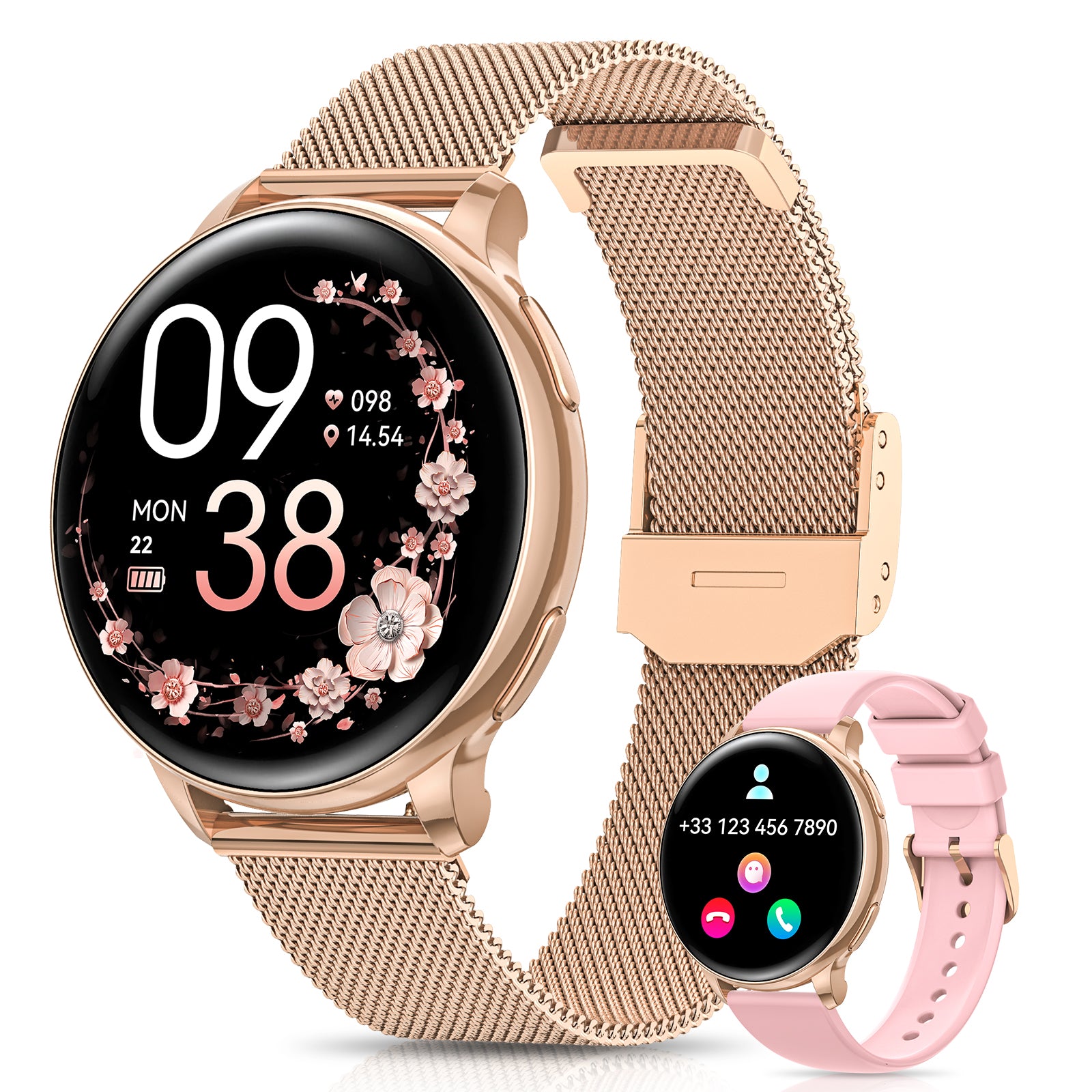G58 Women's Smartwatch, 1.27" HD Fitness Watch with Phone Function, Menstrual Cycle Tracking, 120+ Sports Modes, 24H Heart Rate Monitor, 24H SpO2 Monitor, Sleep Monitor, Calories, Fitness Tracker, IP68, iOS/Android Compatible, Rose Gold