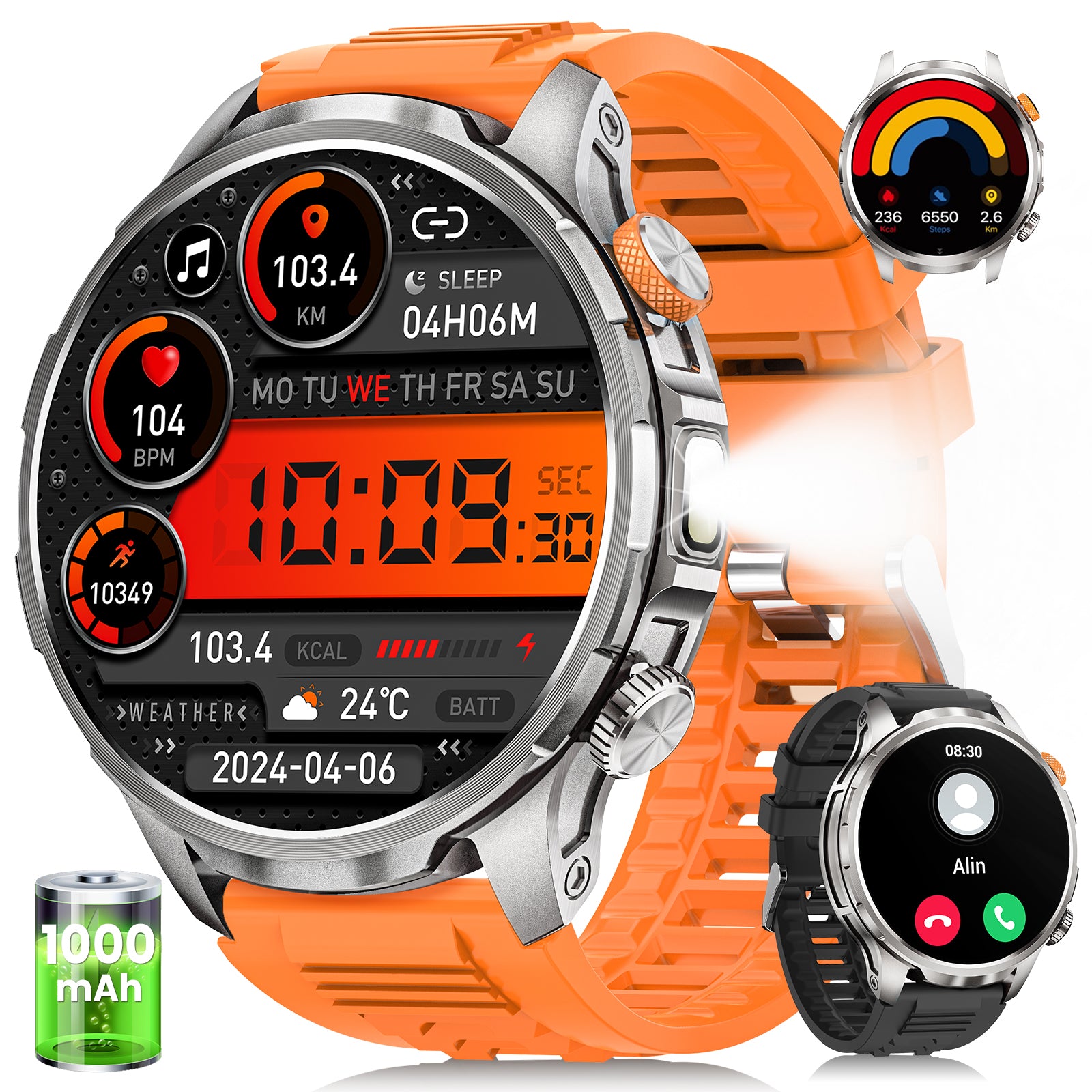 AK90 Men's Smartwatch with 1000mAh Battery and Flashlight