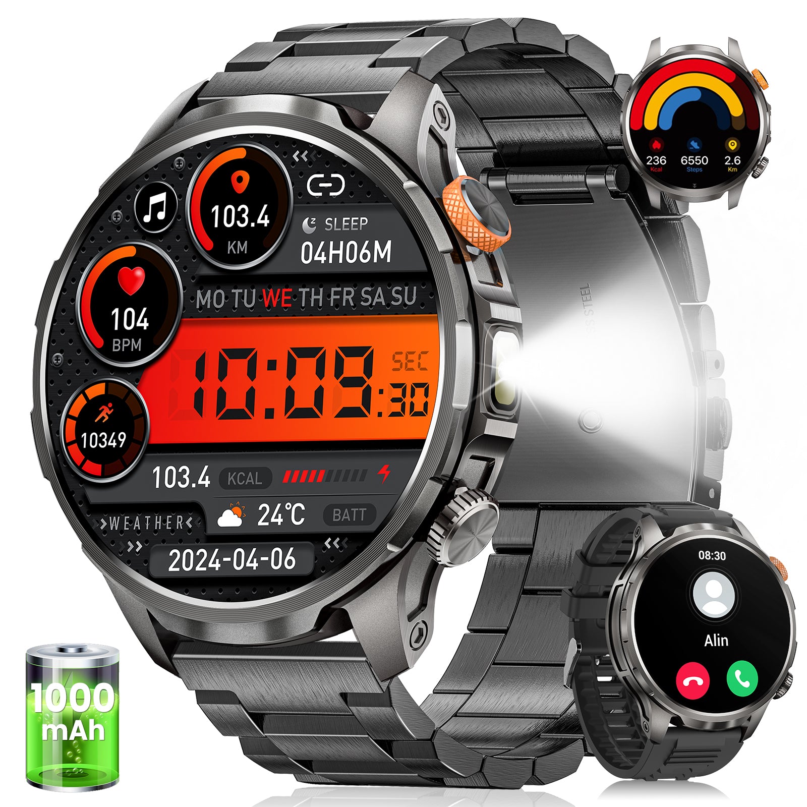 AK90 Men's Smartwatch with 1000mAh Battery and Flashlight