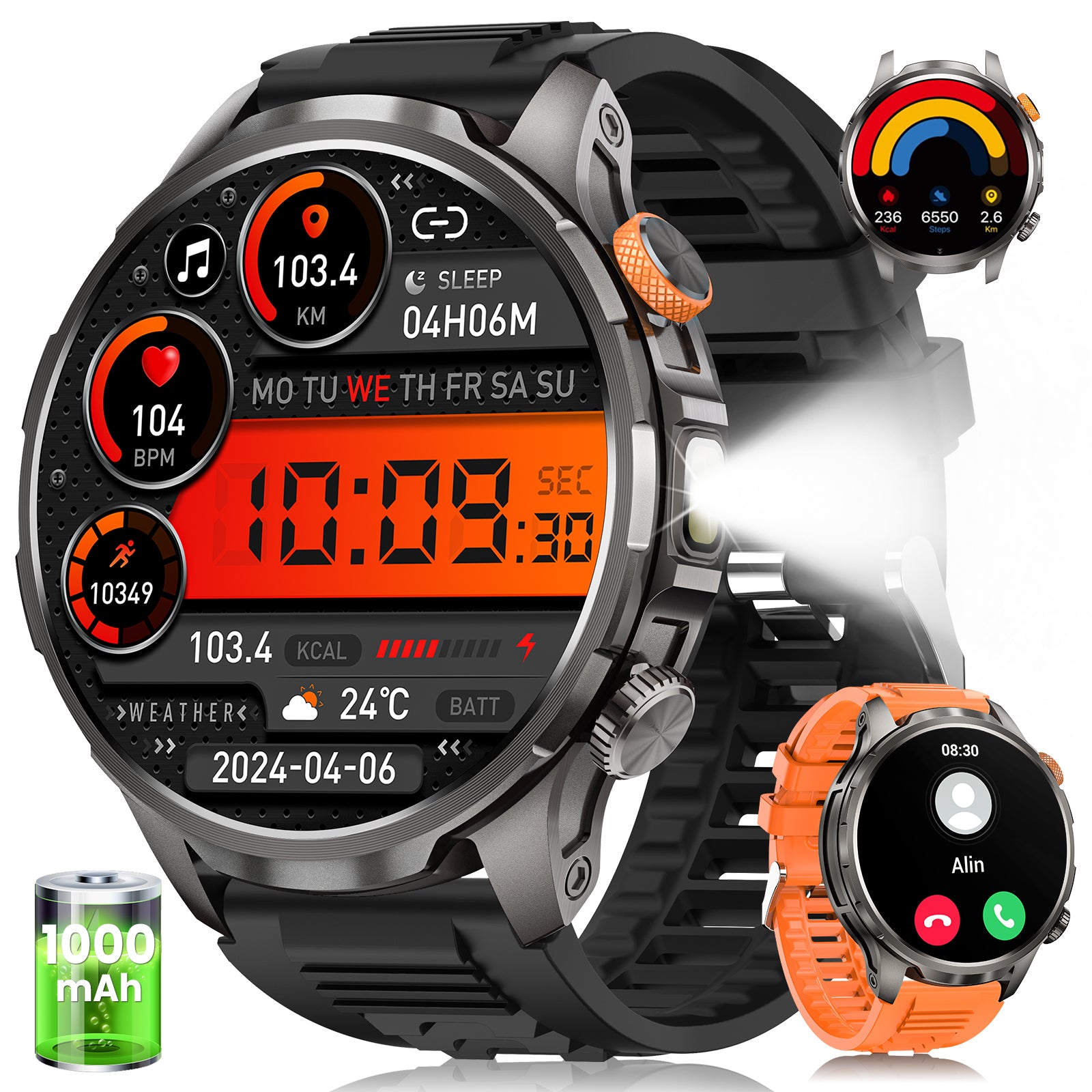 AK90 Men's Smartwatch with 1000mAh Battery and Flashlight