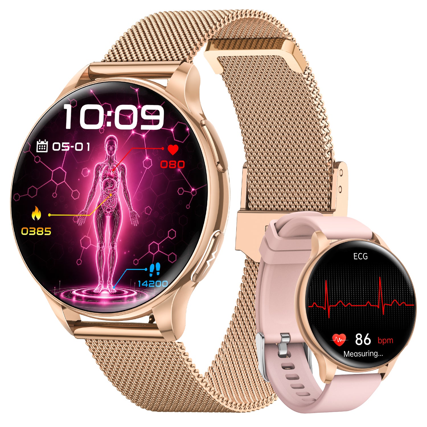 ET491 Women's Smartwatch with ECG/HRV/BMI/Blood Pressure, 1.32" AMOLED Round Watch, Rose Gold