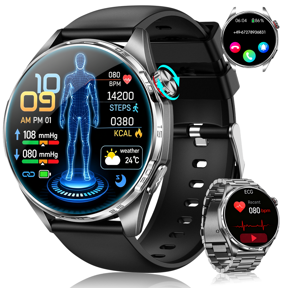 ET461 Men's AI Smartwatch with Blood Pressure, ECG/HRV/BMI, Bluetooth Calls, Black