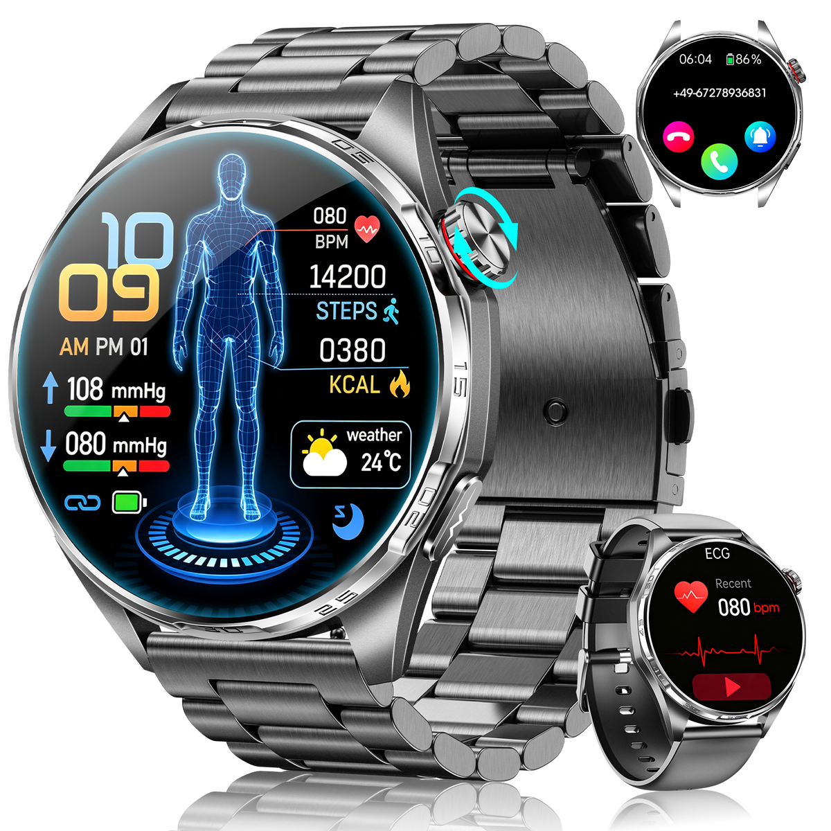 ET461 Men's AI Smartwatch with Blood Pressure, ECG/HRV/BMI, Bluetooth Calls, Black